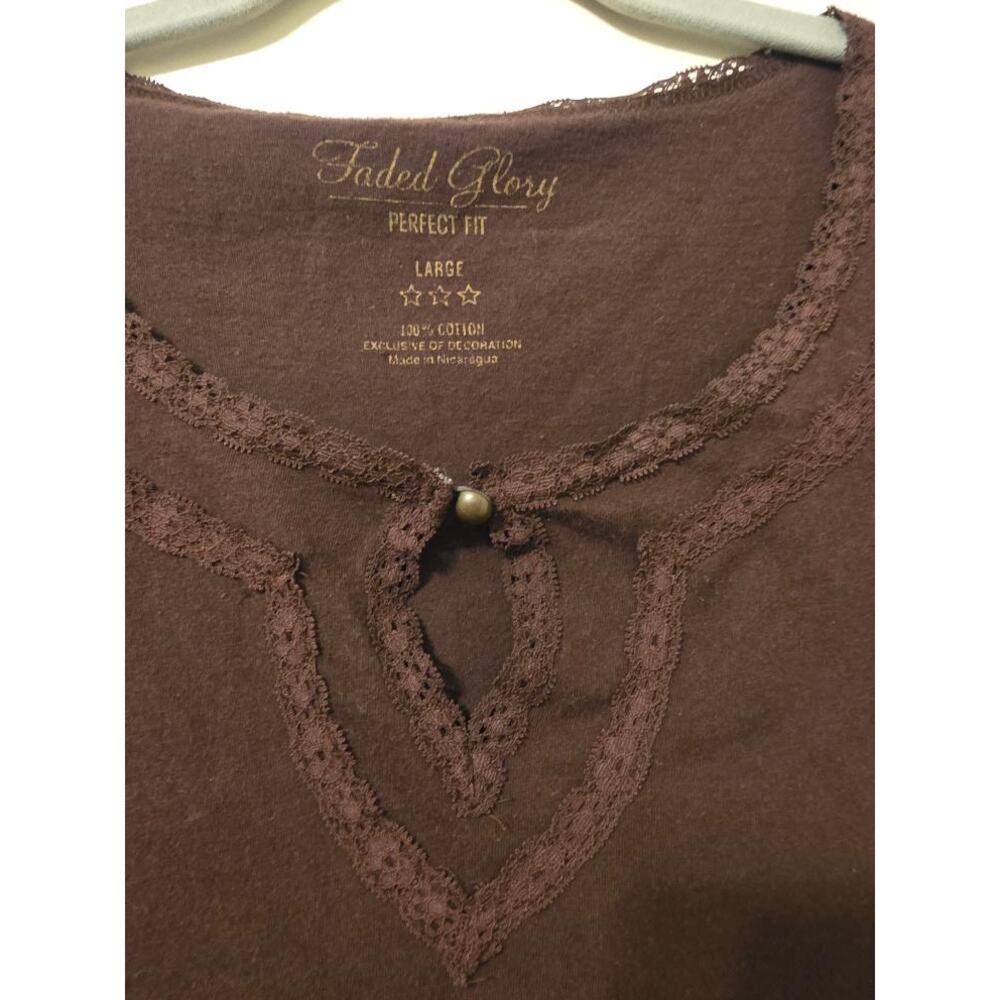Faded Glory Brown Lace Trim Top Large Y2K Coquette Fairycore Cotton - Picture 3 of 5
